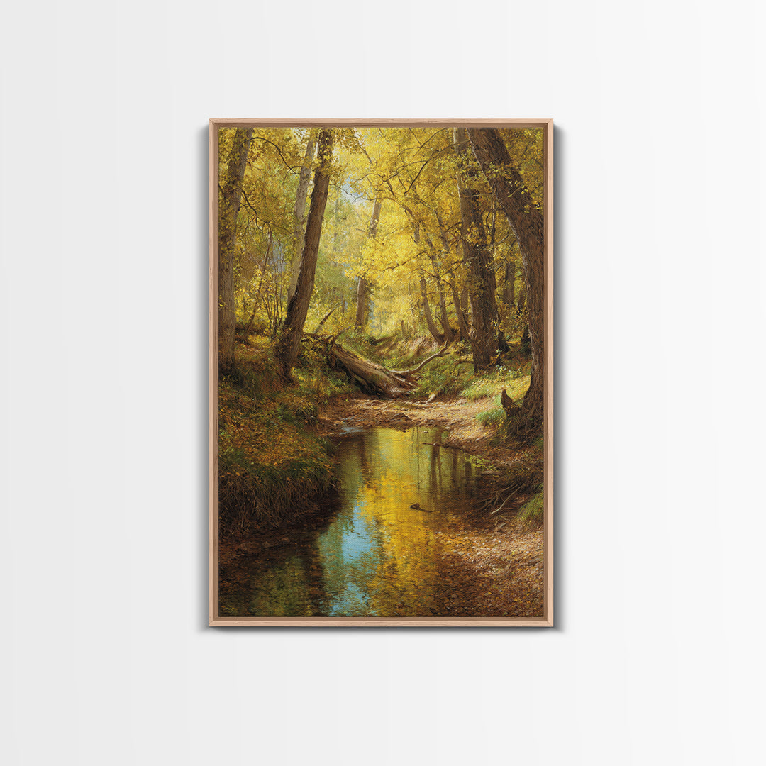 Serene Autumn Forest Landscape Oil Painting Canvas Print Featuring Golden Trees And Reflections For Wall Art