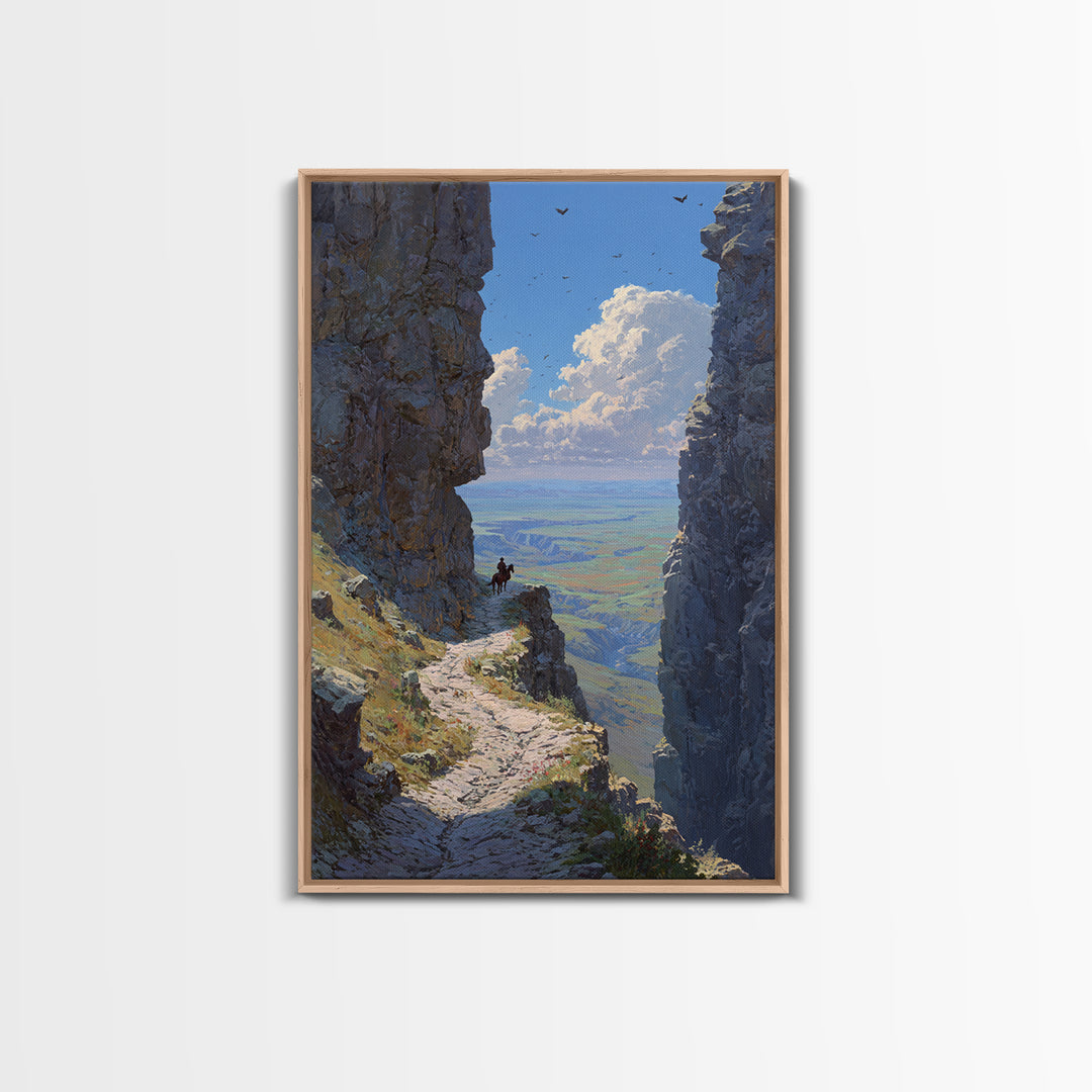 Western Cowboy On Horseback Amidst Majestic Rocky Canyon Landscape Large Wall Art Canvas Print
