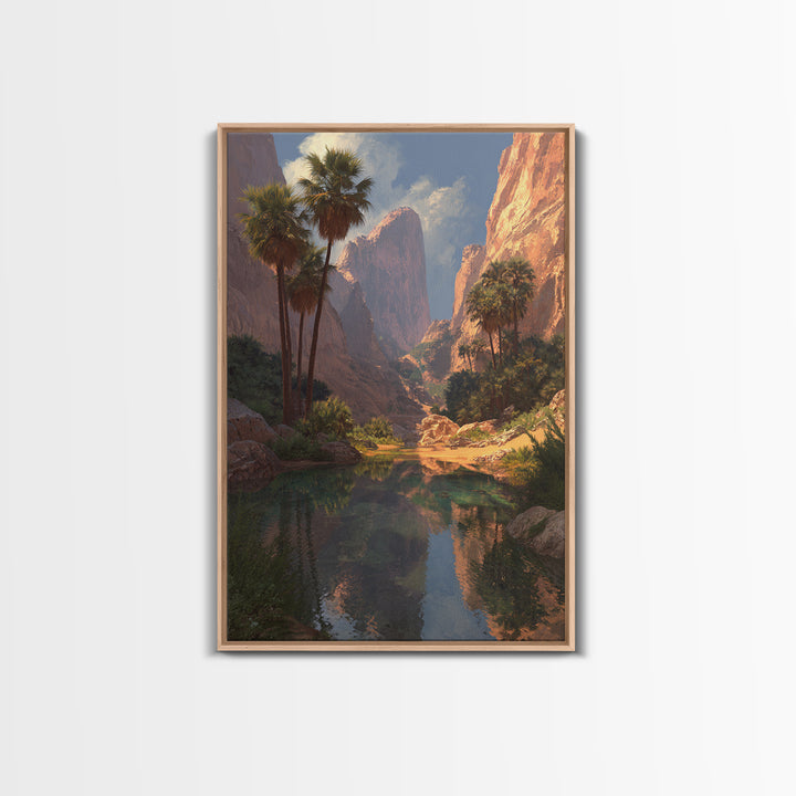 Stunning Desert Canyon Landscape Painting With Palm Trees Reflecting In Water Large Wall Art Canvas Print For Southwestern Home Decor