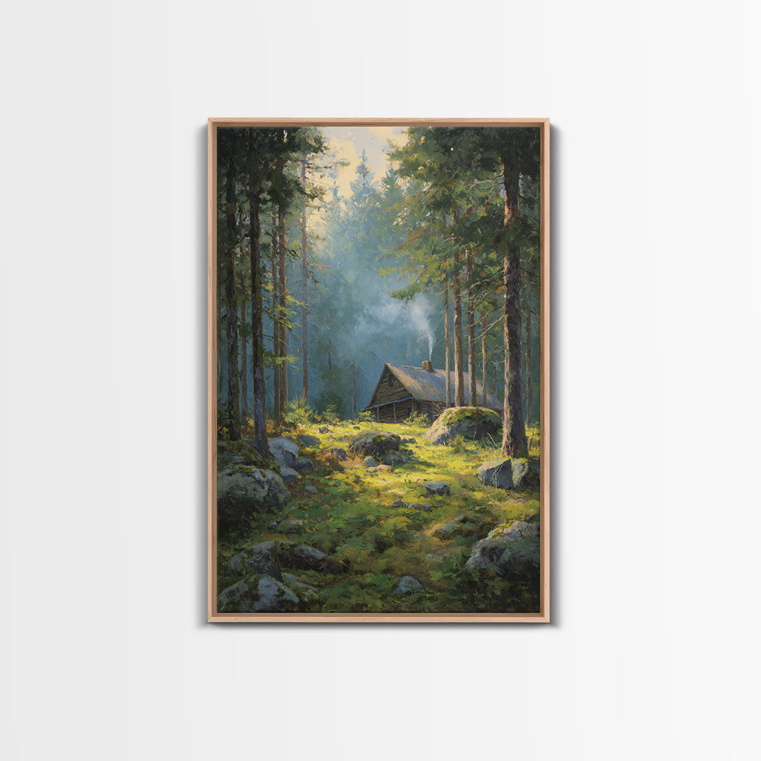 Sunset Campfire In Cozy Rustic Cabin Smoky Forest Original Oil Painting Wall Art Framed Canvas Print Warm Home Decor Nature Artwork