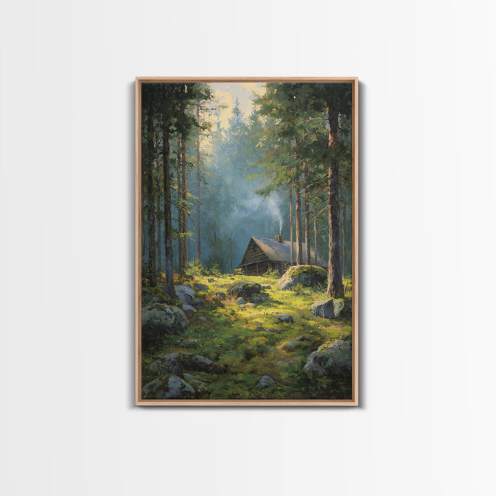 Sunset Campfire In Cozy Rustic Cabin Smoky Forest Original Oil Painting Wall Art Framed Canvas Print Warm Home Decor Nature Artwork