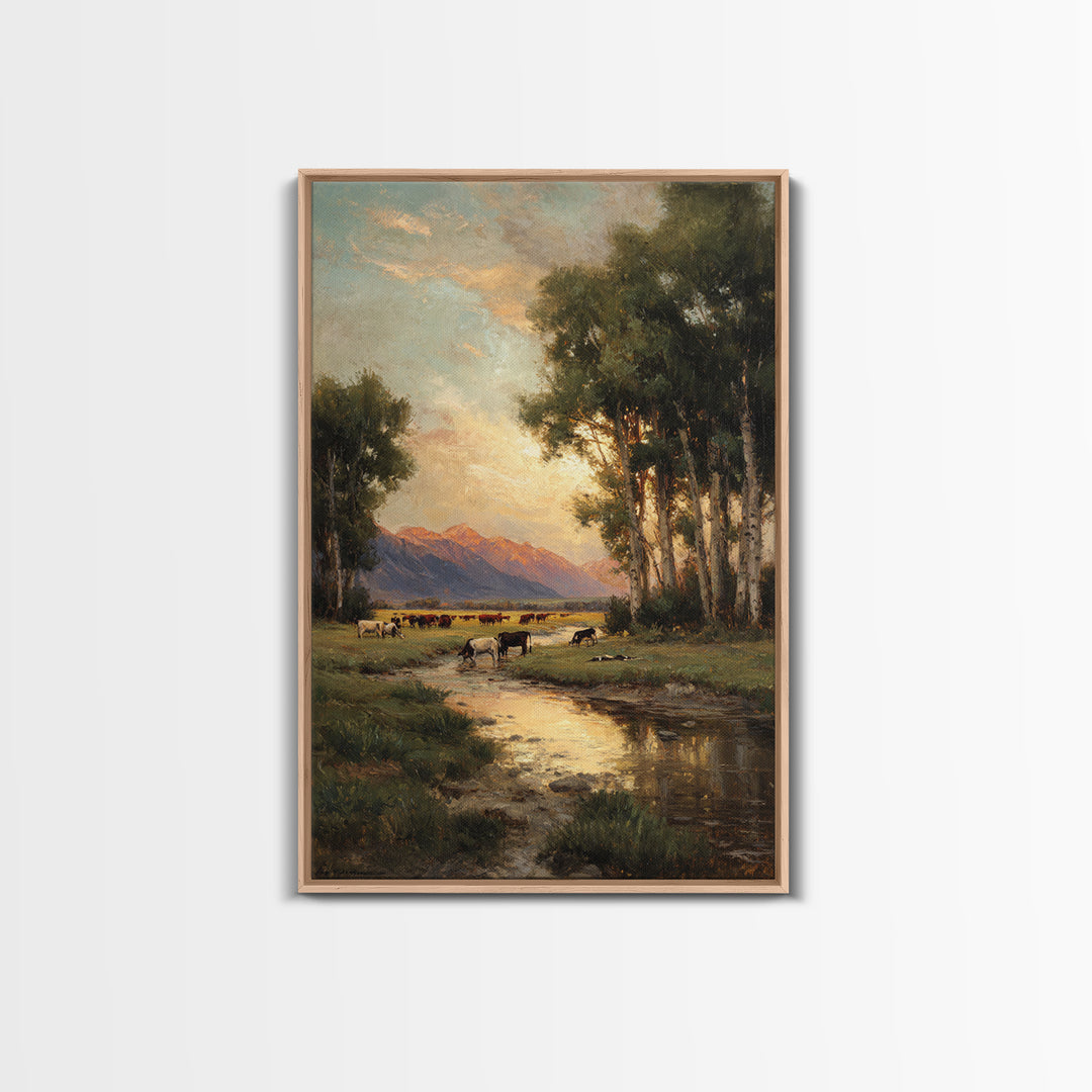 Serene Pastoral Landscape Oil Painting Artwork Featuring Cows Grazing Near Mountains Large Wall Art Canvas Print For Rustic Home Decor