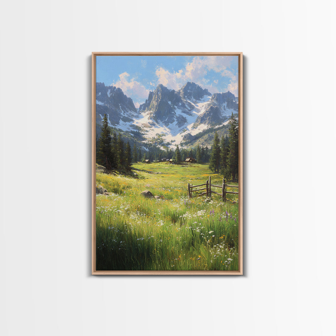 Rustic Mountain Landscape With Wildflower Meadow Original Oil Painting Large Wall Art Canvas Print
