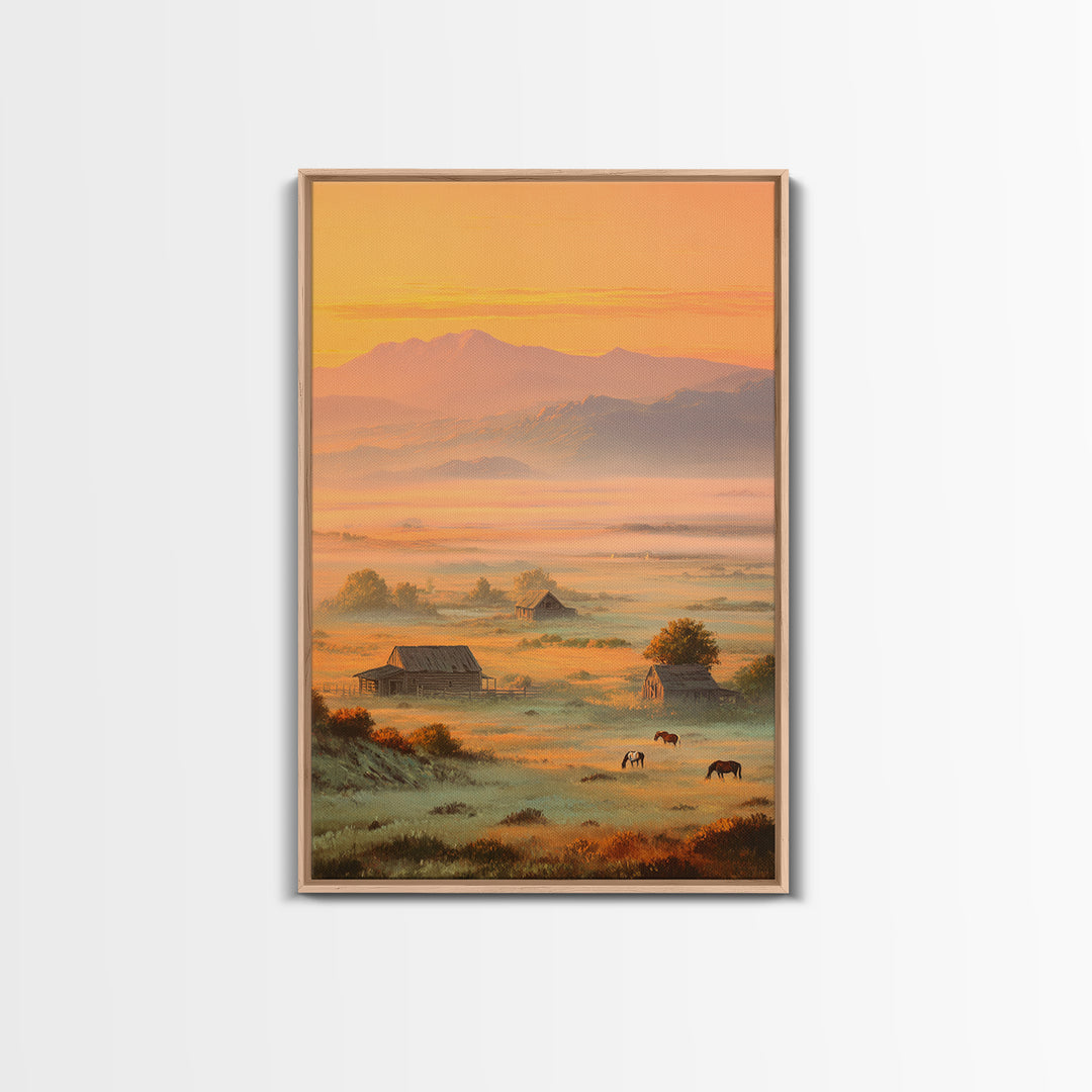 Golden Morning Mist Over Rustic Barns And Horses With Mountain Background Wall Art For Cozy Living Room Decor
