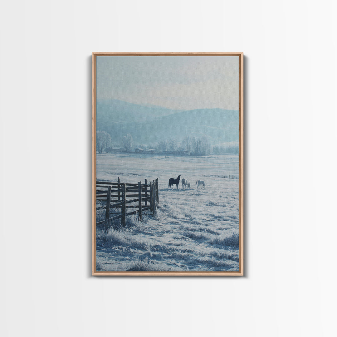 Winter Landscape Painting With Horses In Snowy Field Featuring Wooden Fence Pastel Tones Canvas Print For Rustic Home Decor