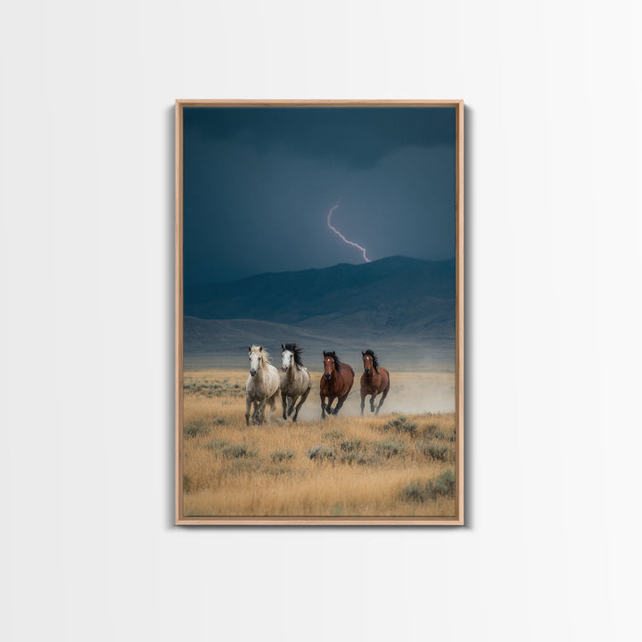 Wild Horses Running Amid Stormy Landscape Canvas Print, Dramatic Animal Wall Art, Rustic Western Home Decor