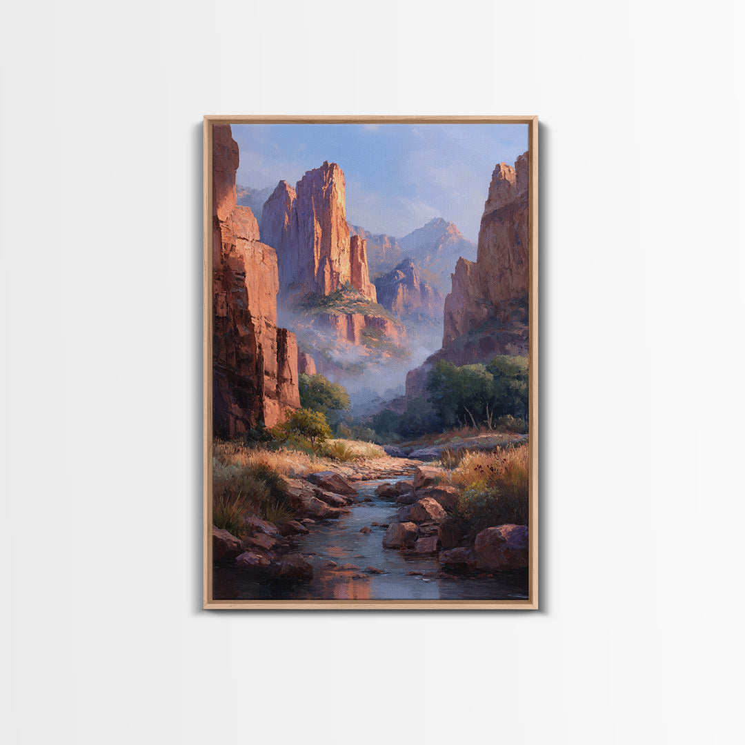 Classic Landscape Oil Painting Canyon River Wall Art Framed Canvas Print For Rustic Home Decor And Gifts