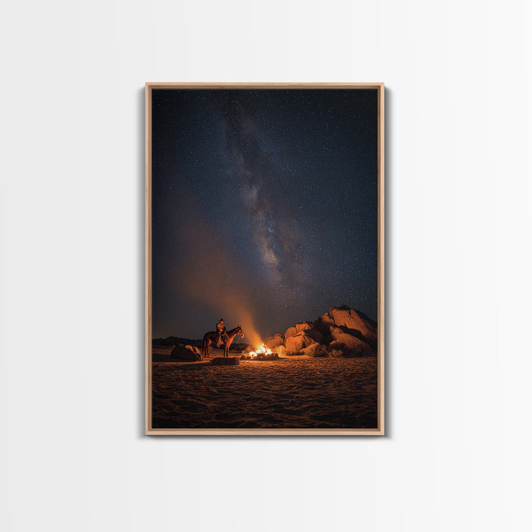 Wild West Cowboy By Campfire Under Starry Night Sky Large Wall Art Canvas Print For Rustic Western Home Or Man Cave Decor