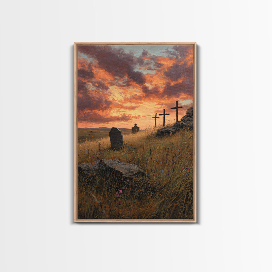 Sunset Cemetery Scene Oil Painting With Striking Sky And Crosses Wall Art Framed Canvas Print For Living Room Decor