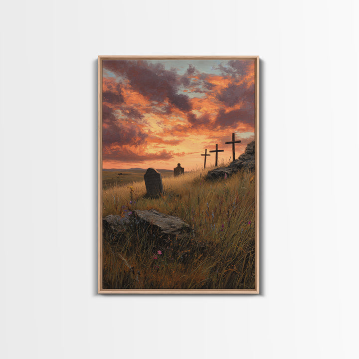 Sunset Cemetery Scene Oil Painting With Striking Sky And Crosses Wall Art Framed Canvas Print For Living Room Decor