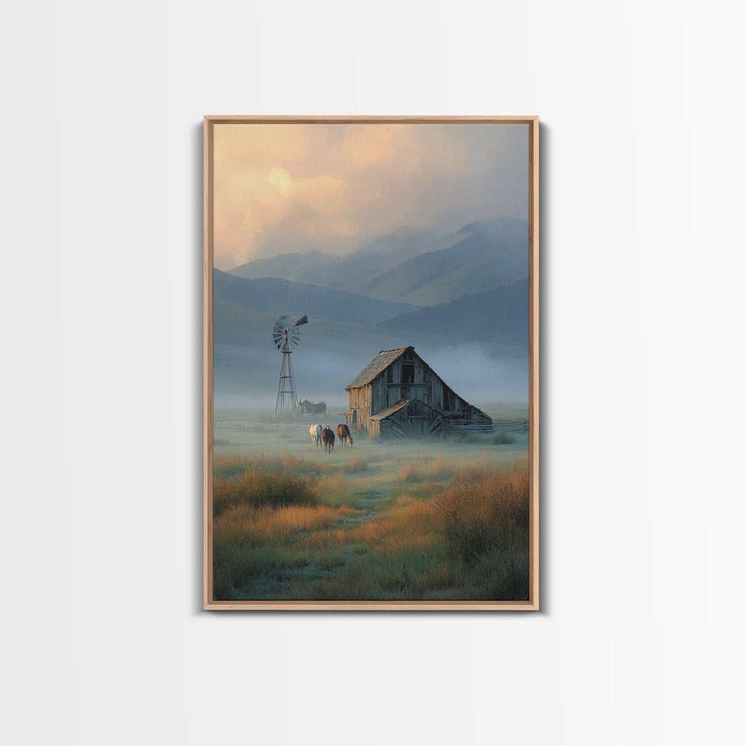 Rustic Countryside Landscape With Windmill And Horses Wall Art Canvas Print For Farmhouse Decor And Cozy Home Decoration
