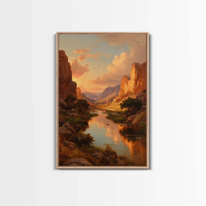 Sunset Over Majestic Canyon Landscape River Reflection Wall Art Framed Canvas Print For Rustic Home Decor