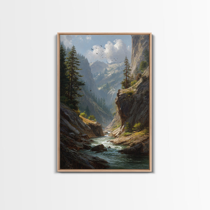 Majestic Mountain Canyon Landscape With Stream And Birds Original Oil Painting Canvas Print For Living Room Decor