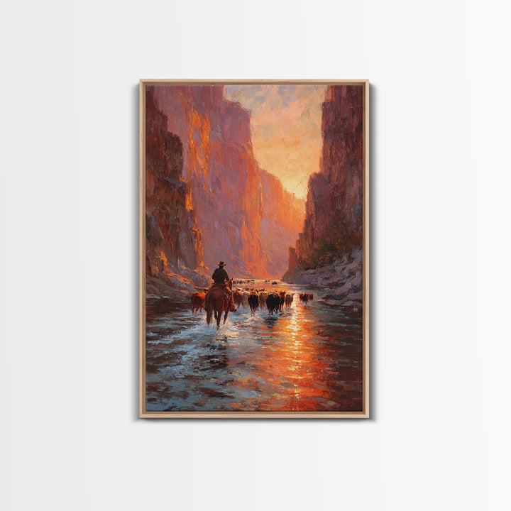 Cowboy Herding Cattle Through Sunlit Canyon Scene Classic Western Oil Painting Framed Canvas Print For Rustic Wall Art Farmhouse Décor