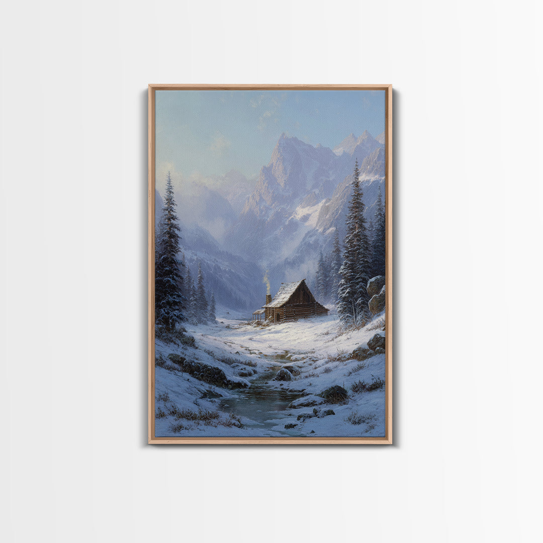 Winter Mountain Cabin Oil Painting Framed Canvas Print Rustic Snow Landscape Wall Art For Cozy Home Decor