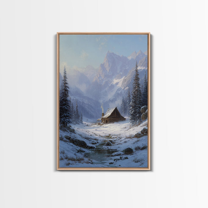 Winter Mountain Cabin Oil Painting Framed Canvas Print Rustic Snow Landscape Wall Art For Cozy Home Decor