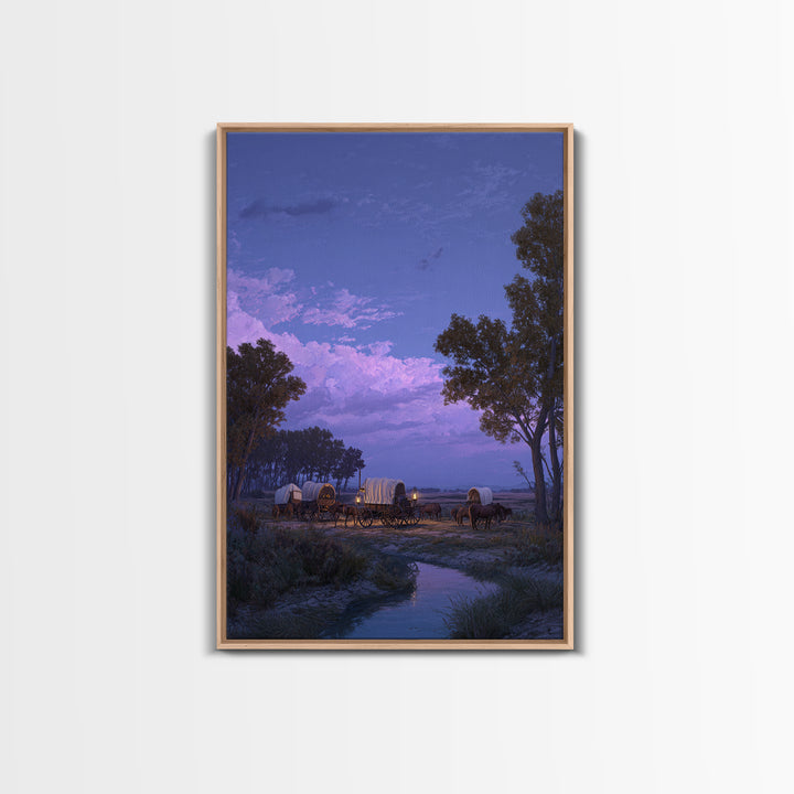 Peaceful Wagons At Twilight Sunset Landscape Large Wall Art Framed Canvas Print For Rustic Home Decor