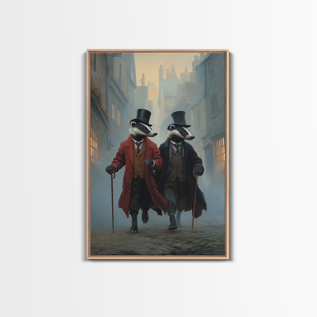 Dapper Badger Gentlemen Walking In Foggy City Canvas Print, Whimsical Animal Wall Art For Nursery Room And Eclectic Decor