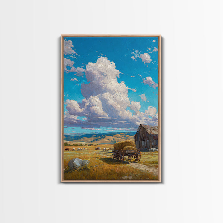 Rustic Country Farm Scene With Barn Cart And Livestock Large Wall Art Framed Canvas Print For Farmhouse Home Decor And Living Room