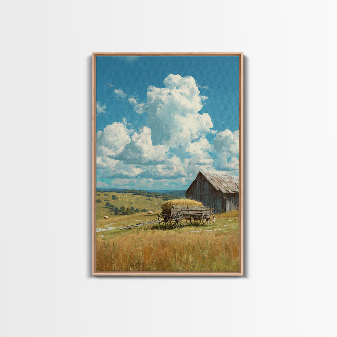 Bright Sunlit Barn And Field Landscape Painting Wall Art Canvas Print For Cozy Farmhouse Rustic Decor