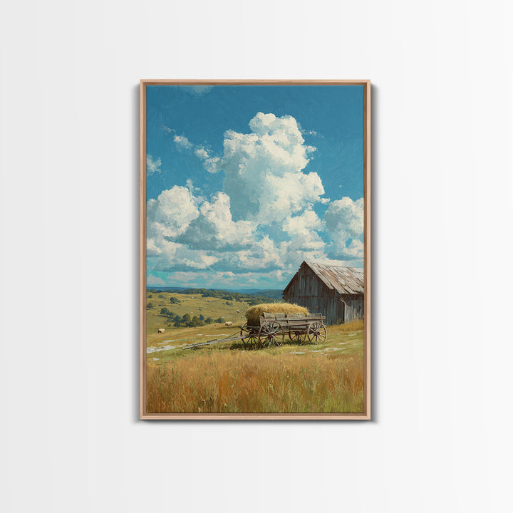 Bright Sunlit Barn And Field Landscape Painting Wall Art Canvas Print For Cozy Farmhouse Rustic Decor
