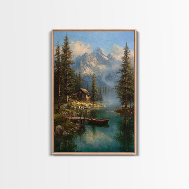 Tranquil Mountain Lake Cabin Scene Oil Painting Landscape Wall Art Canvas Print Rustic Home Decor Nature Lover Gift