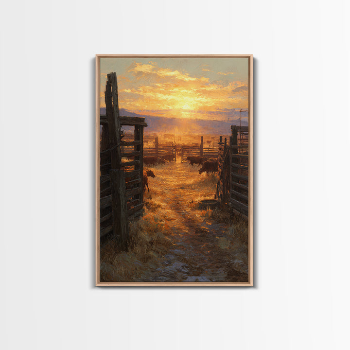 Sunset Over Rustic Cattle Farm Landscape Wall Art Framed Canvas Print For Western Home Decor And Cozy Living Room