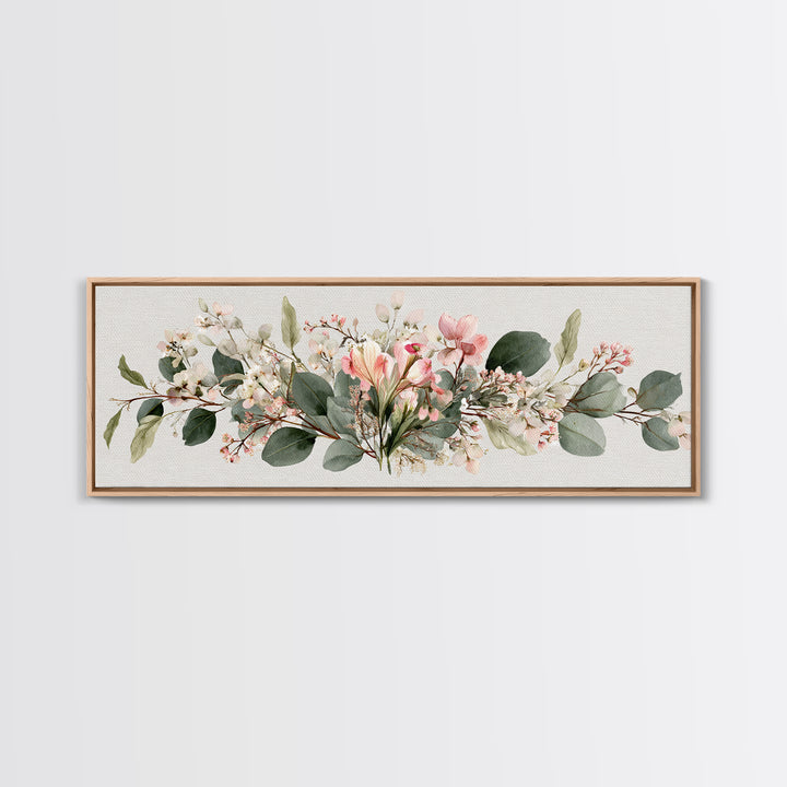 Soft Eucalyptus And Blush Magnolia Garland Wall Art, Panoramic Botanical Print, Neutral Floral Decor, Above Bed Canvas Print