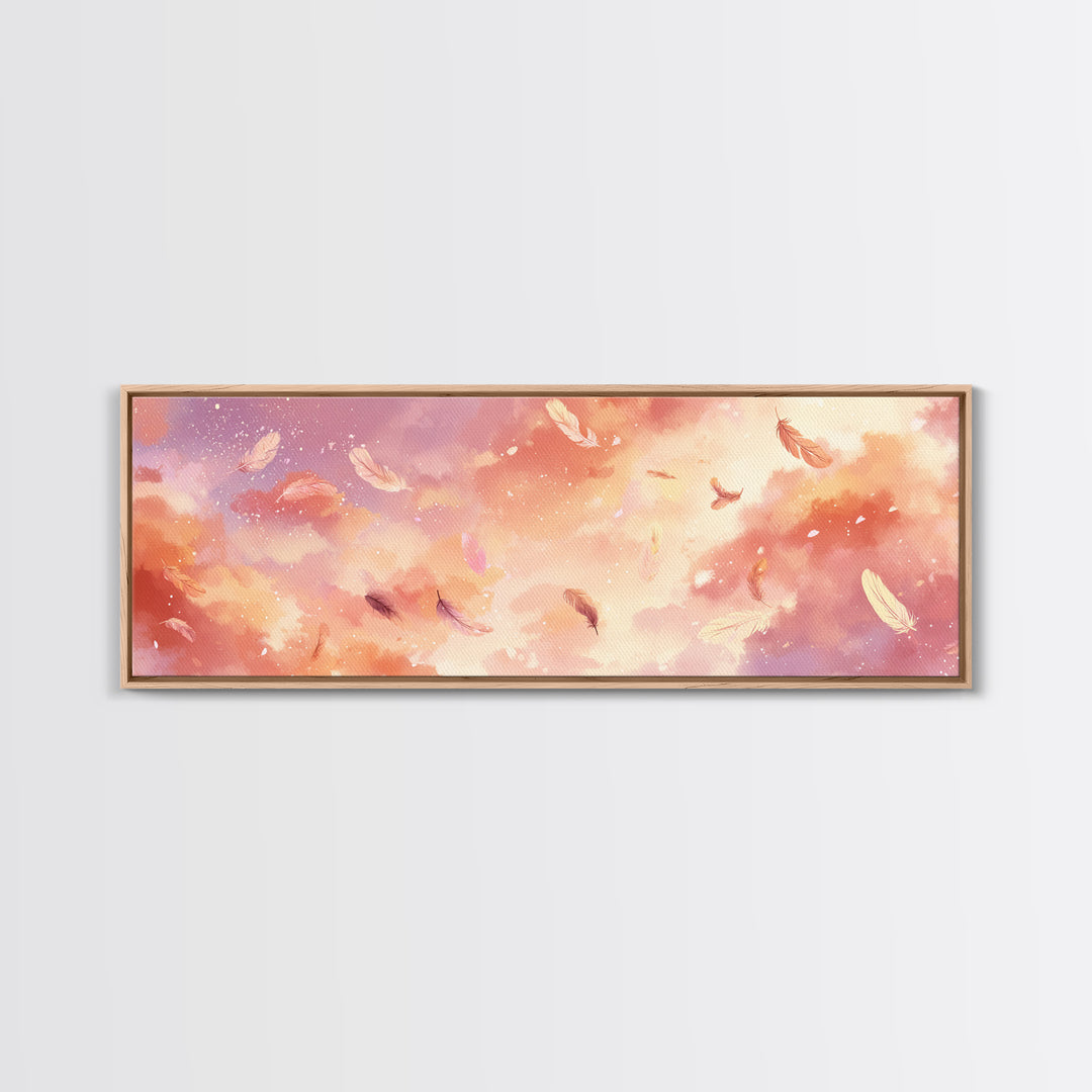 Pink Feather Cloud Sky Wall Art, Dreamy Celestial Canvas Print, Pastel Nursery Decor, Whimsical Bedroom Wall Decor, And Above Bed Art