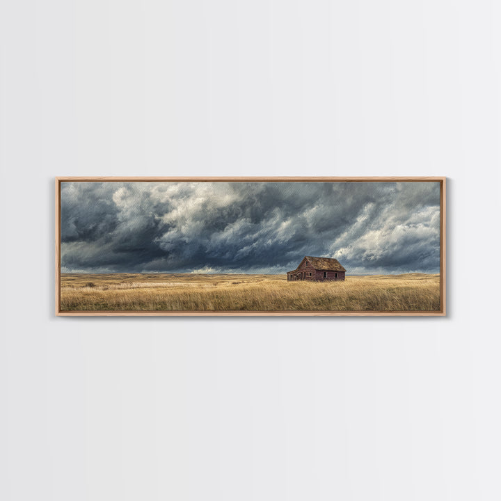 Abandoned Farmhouse Under Storm Clouds Wall Art, Moody Prairie Landscape Canvas, Rustic Country Decor For Living Room, Large Print