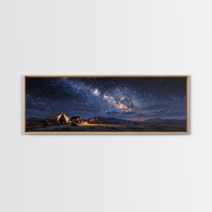 Starry Night Desert Camp With Horses Wall Art, Milky Way Western Landscape Canvas Print, Rustic Cowboy Decor For Living Room
