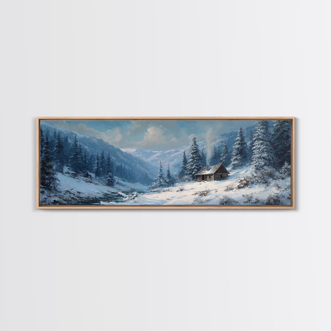 Snowy Mountain Cabin In Pine Forest, Winter Wall Art, Landscape Canvas Print, Rustic Lodge Decor, Cozy Cabin Decor, Nature Wall Art