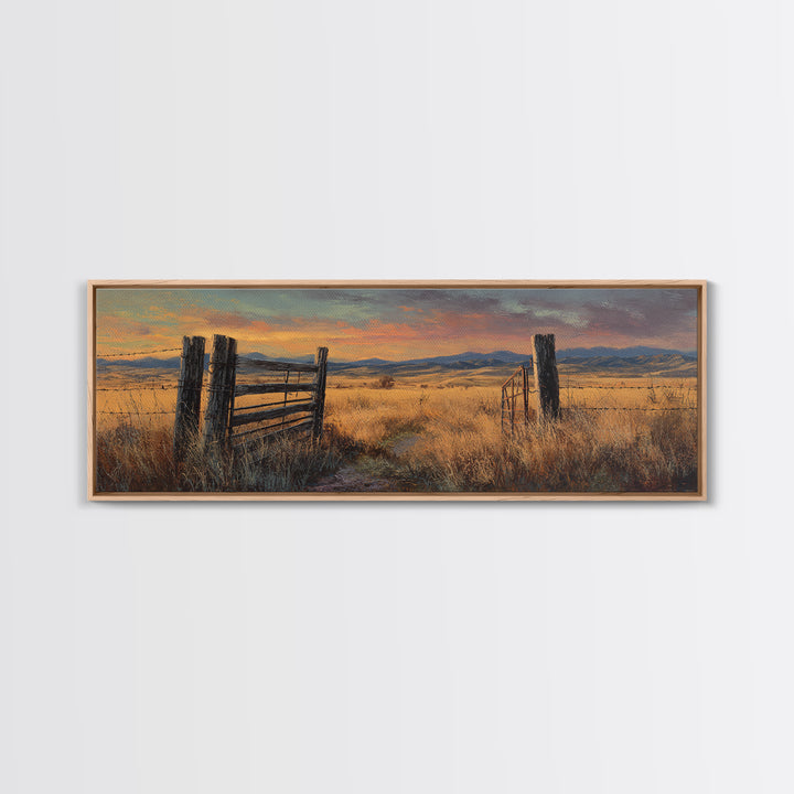 Weathered Fence And Golden Prairie Framed Canvas Print, Rustic Country Wall Art, Farmhouse Landscape, Warm Neutral Decor