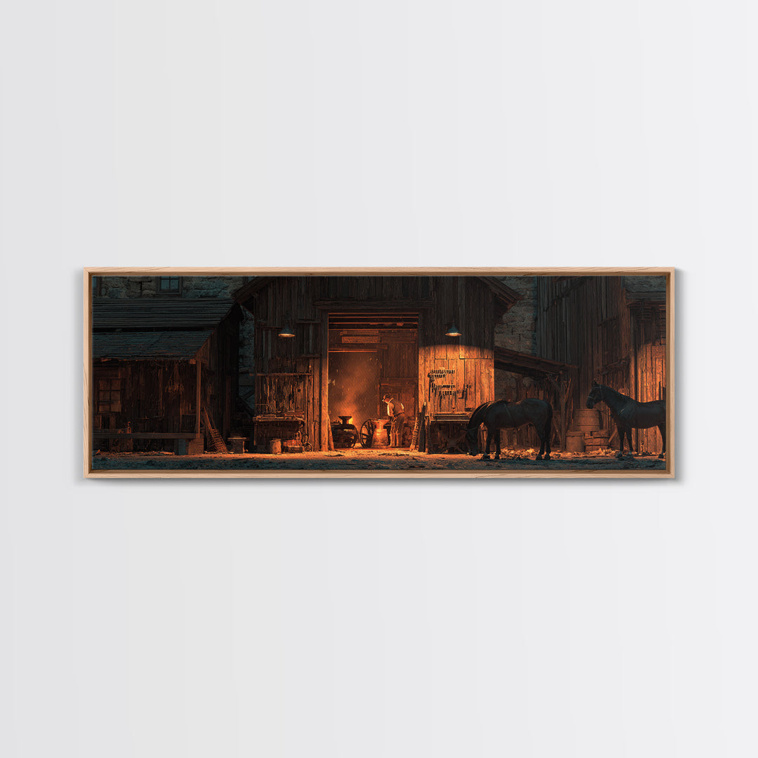 Rustic Horse Barn Wall Art, Warm Western Stable At Night, Farmhouse Ranch Decor, Cowboy Living Room Large Framed Canvas Print