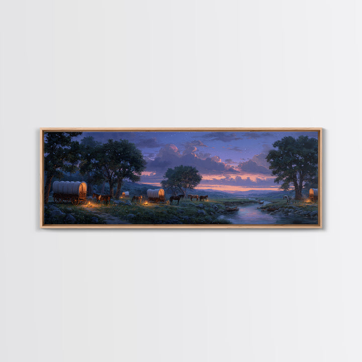 Covered Wagons At Twilight River Wall Art, Western Landscape Canvas Print, Rustic Farmhouse Decor, Cowboy Home Decor Gift