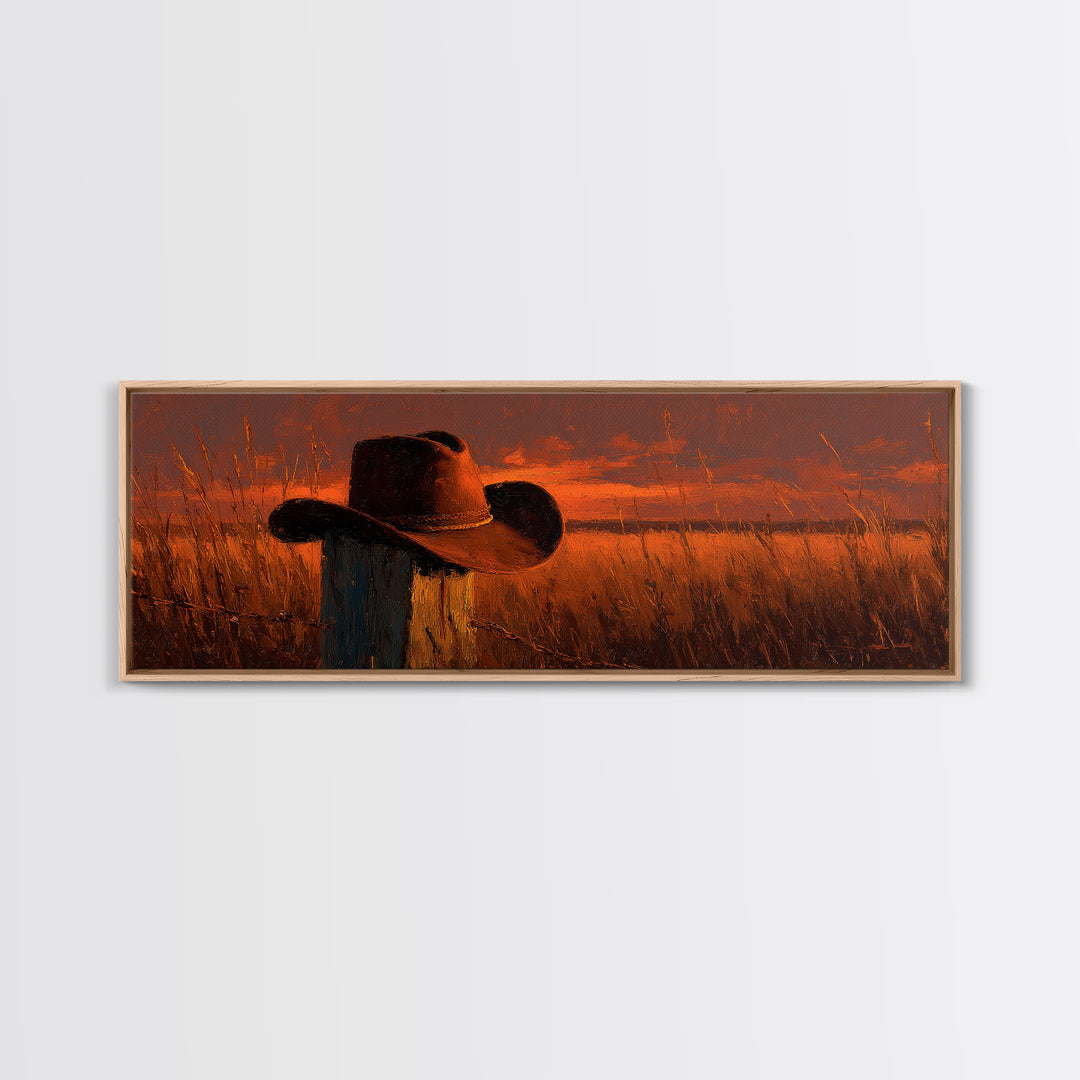 Weathered Cowboy Hat At Golden Sunset Wall Art, Western Ranch Decor, Rustic Country Landscape Print, Farmhouse Canvas Print