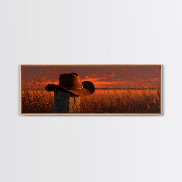 Weathered Cowboy Hat At Golden Sunset Wall Art, Western Ranch Decor, Rustic Country Landscape Print, Farmhouse Canvas Print