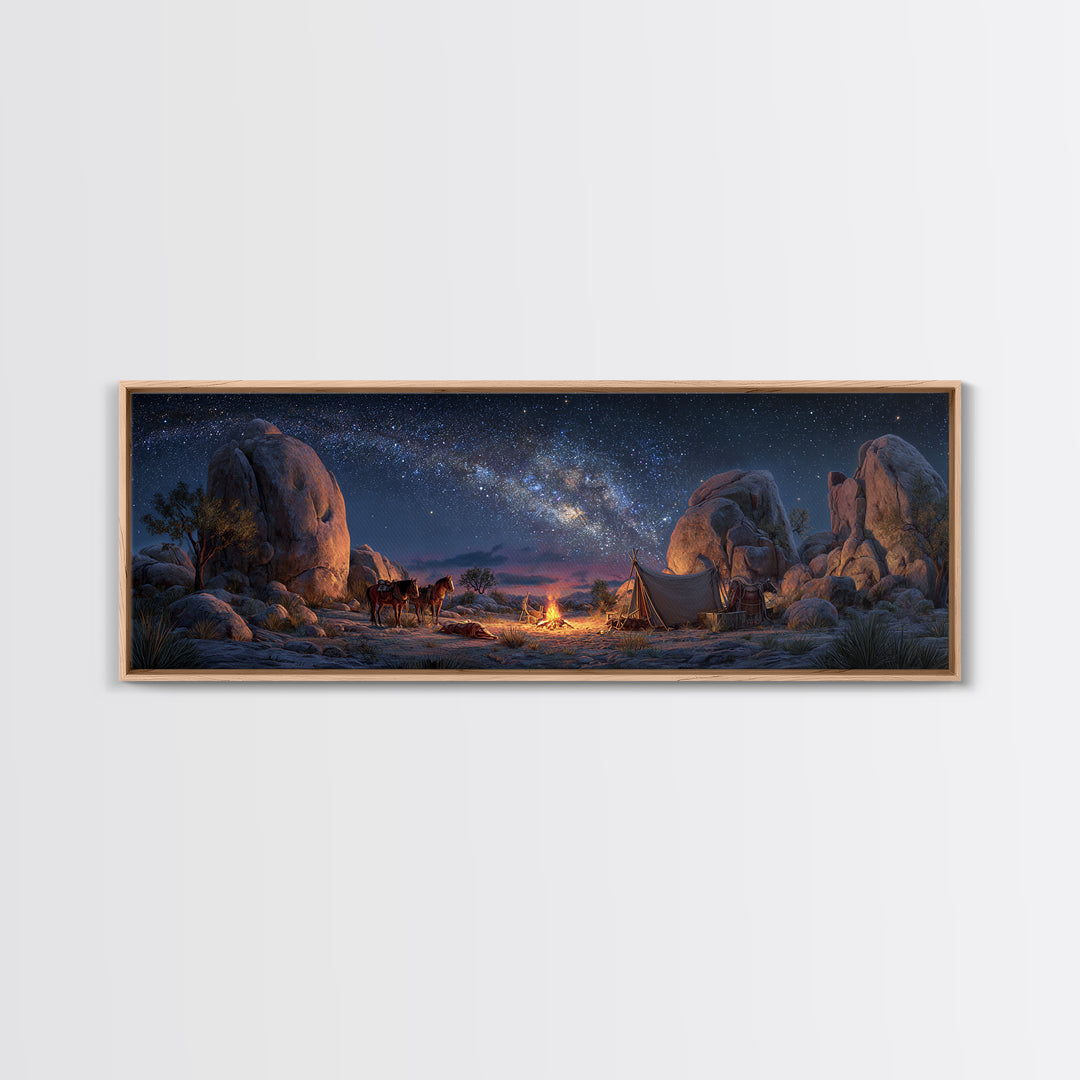 Milky Way Desert Camp With Wagon Framed Canvas Print, Western Night Sky Wall Art, Rustic Cabin Decor And Housewarming Gift For Him