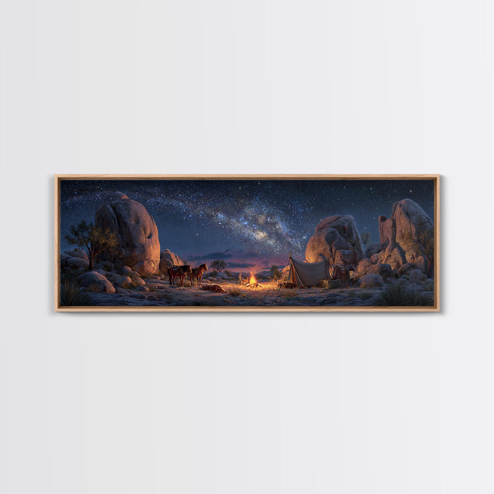 Milky Way Desert Camp With Wagon Framed Canvas Print, Western Night Sky Wall Art, Rustic Cabin Decor And Housewarming Gift For Him