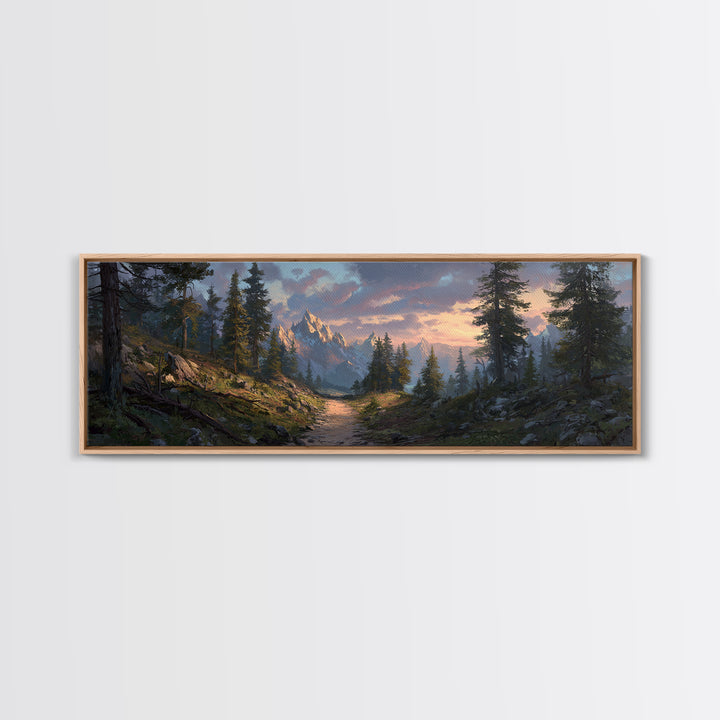 Misty Mountain Forest Trail Canvas Print, Panoramic Landscape Wall Art, Rustic Cabin Decor, Nature Print, Living Room Art