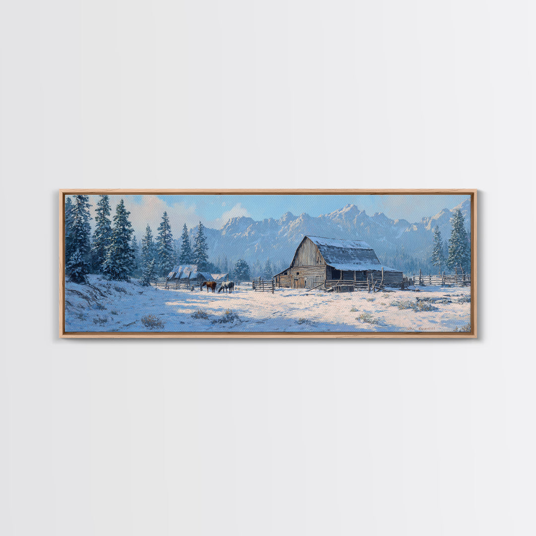 Snowy Mountain Barn Framed Canvas Print, Rustic Farmhouse Wall Art, Winter Landscape Decor, Cabin Living Room Wall Art Print