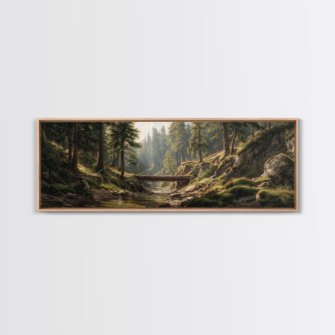 Sunlit Forest Creek Framed Canvas Print, Rustic Landscape Wall Art, Nature Cabin Decor, Large Horizontal Living Room Art