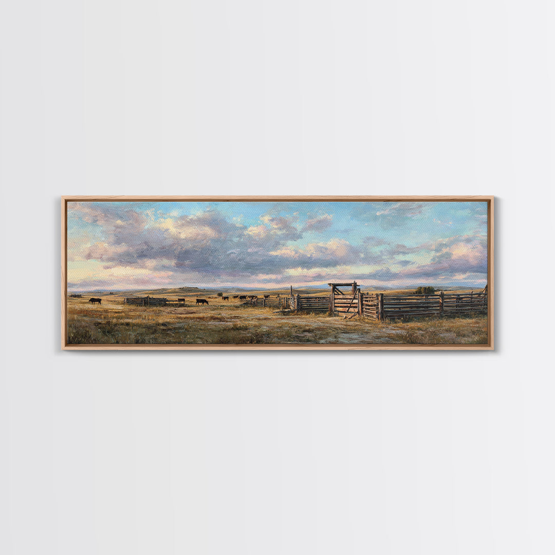 Wide Western Prairie Corral Canvas Print, Rustic Ranch Landscape Wall Art, Farmhouse Decor, Cowboy Housewarming Gift For Him