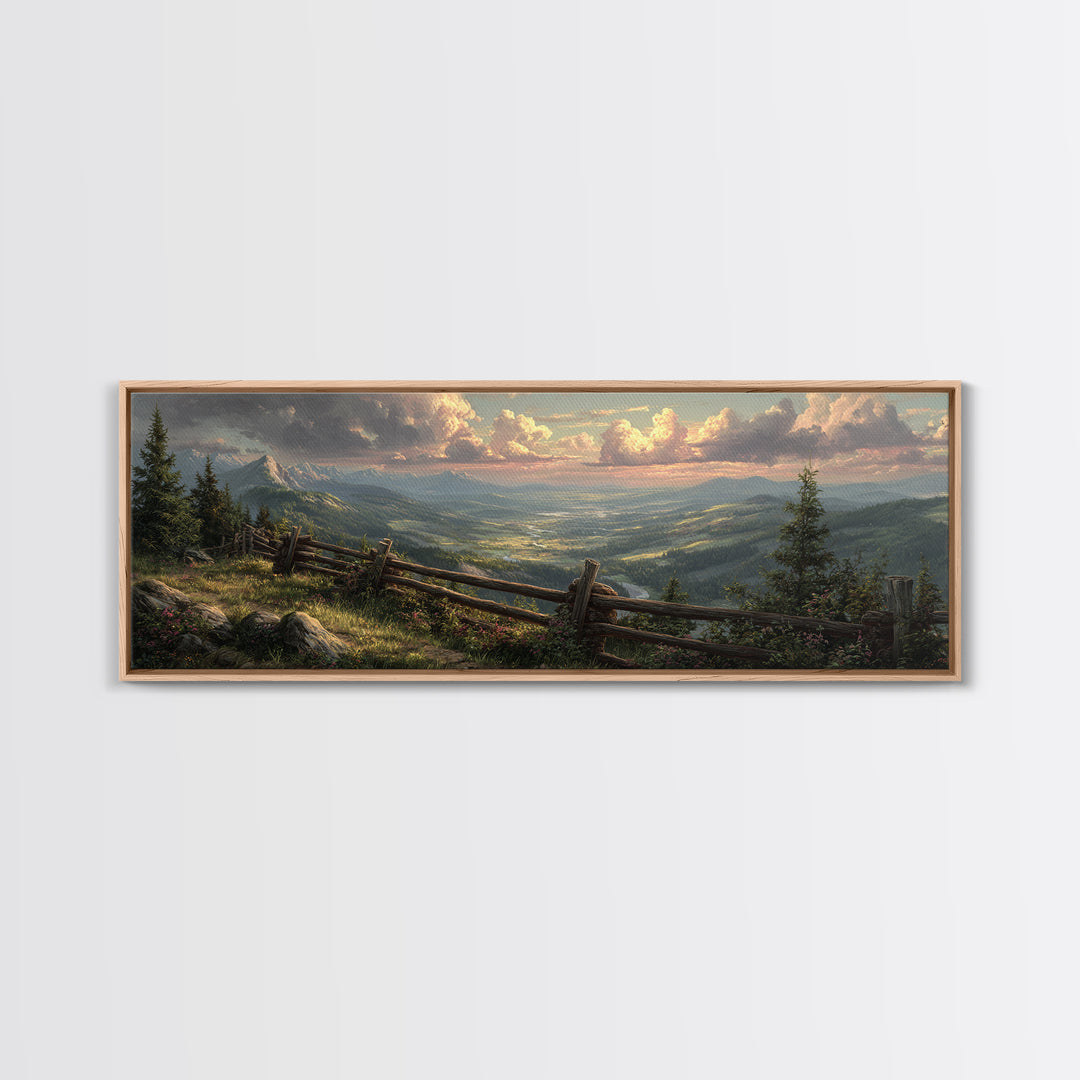 Misty Mountain Valley Landscape Wall Art, Rustic Cabin Nature Painting, Large Panoramic Decor For Living Room And Office