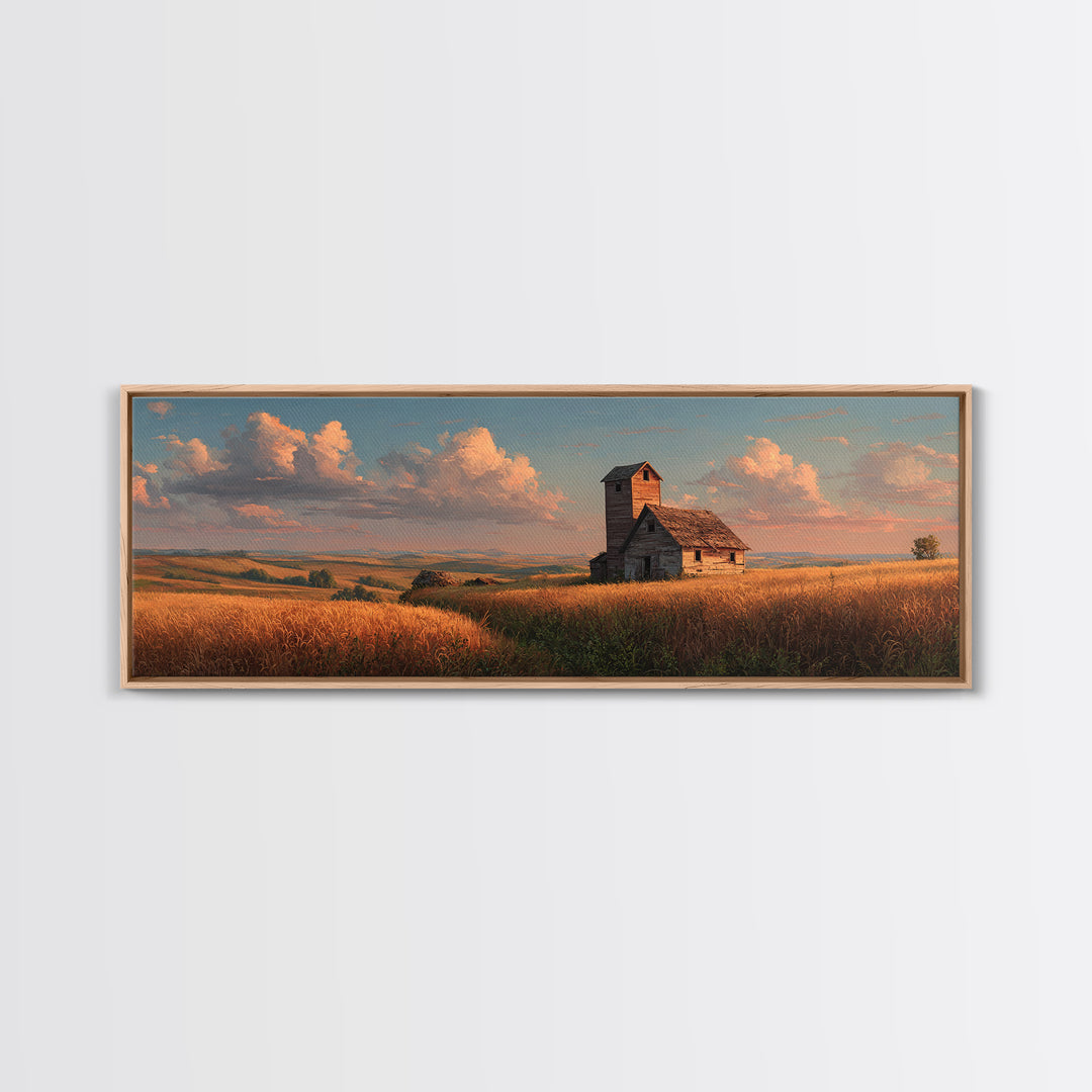 Rustic Prairie Church Framed Canvas Print, Country Landscape Wall Art, Farmhouse Home Decor, Golden Field, Housewarming Gift