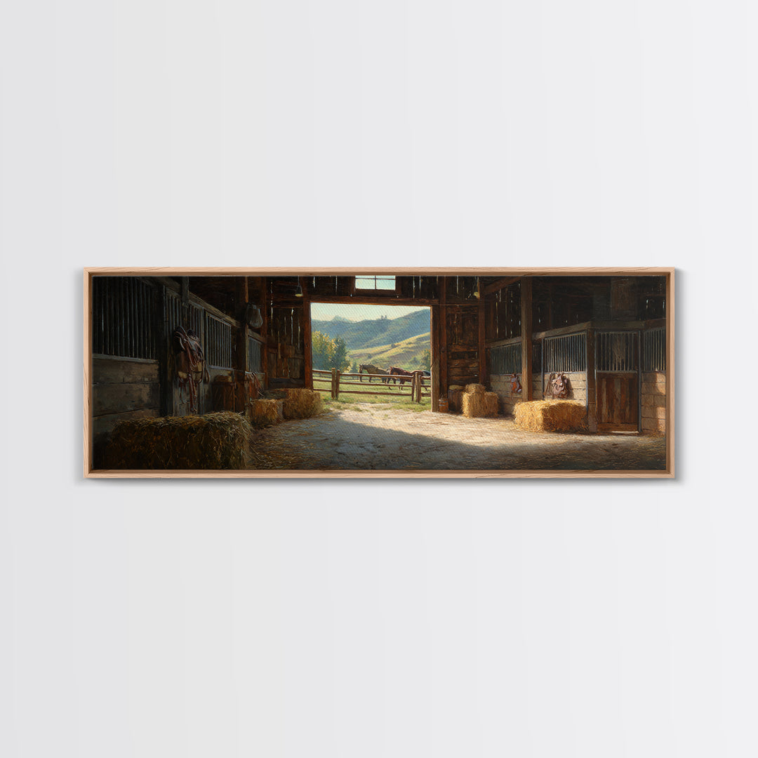 Rustic Horse Barn Interior Wall Art, Sunlit Stable Landscape Canvas Print, Equestrian Farmhouse Decor, Country Gift For Horse Lover