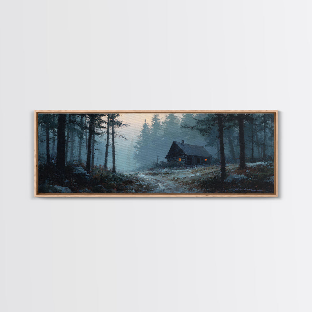 Snowy Cabin In Misty Pine Forest Wall Art, Winter Landscape Canvas Print, Rustic Cabin Decor, Cozy Nature Wall Decor, Above Bed Art