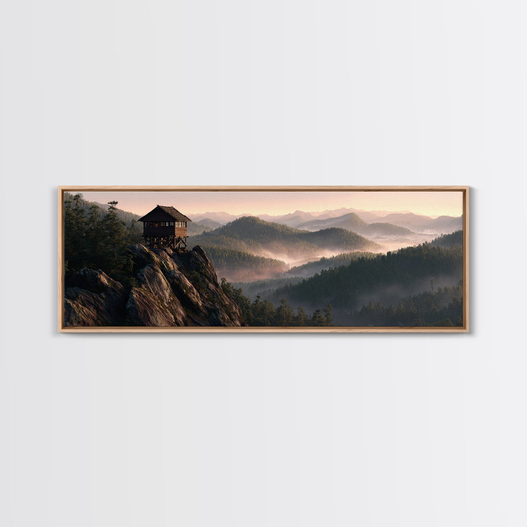 Misty Mountain Lookout Cabin Framed Canvas Print, Rustic Wall Art, Forest Landscape Decor, Cabin Housewarming Nature Gift