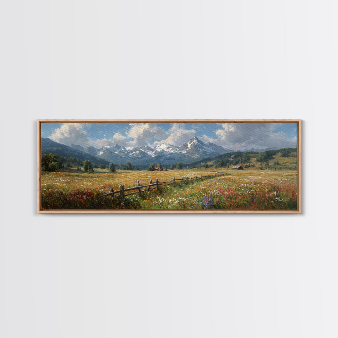 Wildflower Meadow Mountain Wall Art, Alpine Landscape Canvas Print, Rustic Farmhouse Decor, Large Living Room Art Housewarming Gift