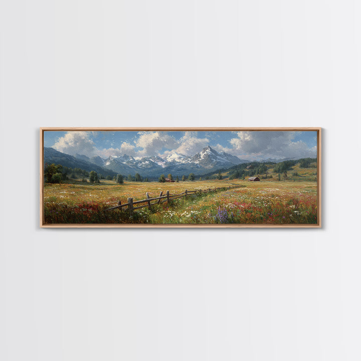 Wildflower Meadow Mountain Wall Art, Alpine Landscape Canvas Print, Rustic Farmhouse Decor, Large Living Room Art Housewarming Gift
